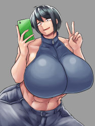 1girl 5_voice abs ahoge bare_shoulders black_eyes black_hair blue_pants breasts buttons collarbone cowboy_shot curvy denim dot_nose female_focus grey_background hair_between_eyes half-closed_eyes head_tilt highres holding holding_phone huge_breasts indie_virtual_youtuber kataochi_chuuko looking_at_phone matching_hair/eyes mechanic muscular muscular_female navel open_mouth original pants phone pocket shiny_clothes shiny_skin short_hair sidelocks simple_background sleeveless solo sports_bra sportswear standing sweatdrop v virtual_youtuber w_arms wide_hips
