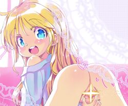  1girl all_fours ass blonde_hair blue_eyes blue_shirt blush bottomless censored female_focus from_behind happy_peeing highres legs_apart light_censor loli long_hair looking_at_viewer looking_back off_shoulder open_mouth original peeing presenting pussy shirt smile solo spread_pussy tatata thighs 