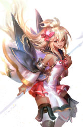  1girl :d ahoge alternate_costume breasts dansearl dark_skin dark-skinned_female detached_sleeves granblue_fantasy hair_ribbon long_hair looking_at_viewer one_eye_closed open_mouth pleated_skirt red_eyes ribbon silver_hair skirt small_breasts smile solo zooey_(granblue_fantasy) 