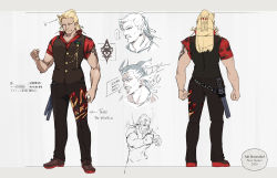 1boy action azumi_akitake braid commentary_request concept_art english_text facial_hair highres hololive long_hair male_focus move_chart mukirose muscular mustache pants pointy_ears shirt tattoo torn_clothes torn_legwear translation_request vest virtual_youtuber