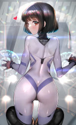  1girl absurdres appleseed ass back black_hair blue_nails blunt_bangs blush bodysuit character_name cowboy_shot fingerless_gloves floating_screen from_behind gloves glowing heart highres hitomi_(appleseed) hitowa hologram legs_apart lens_flare looking_back nail_polish red_eyes short_hair skin_tight solo turtleneck ||/ 