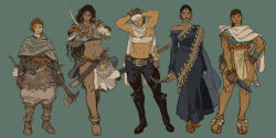  5girls abs armor arrow_(projectile) axe aztec battle_axe black_hair bow_(weapon) brown_hair cape cromwaits earrings facepaint highres holding holding_axe holding_weapon jewelry knife long_hair multiple_girls muscular muscular_female navel original short_hair simple_background sword warrior weapon 