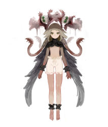  1girl ankle_cuffs arms_at_sides barefoot black_scrunchie bloomers closed_mouth cuffs eldritch_abomination expressionless extra_eyes flat_chest full_body green_eyes highres long_hair looking_at_viewer monster_girl nanbo_ataru_(attall) original photoshop_(medium) scrunchie simple_background sketch skinny solo straight-on tachi-e tentacles underwear white_background wings wrist_scrunchie 