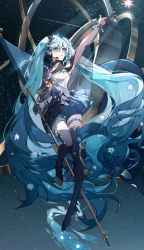  1girl absurdly_long_hair arm_up armillary_sphere black_gloves black_skirt black_thighhighs blue_hair cancer_(constellation) cassiopeia_(constellation) chinese_commentary chromatic_aberration closed_mouth commentary_request constellation_hair_ornament flag full_body glint gloves gradient_shirt hair_ornament half_gloves hatsune_miku headphones headset highres holding holding_flag holding_pole leg_lift leo_(constellation) light_blue_hair long_hair looking_to_the_side microskirt outstretched_arm polaris_(star) polaris_miku pole reaching shorts shorts_under_skirt skirt sky solo space sq_(su_qing) star_(sky) star_(symbol) star_hair_ornament star_in_eye starry_sky symbol_in_eye thigh_gap thighhighs twintails upskirt ursa_minor_(constellation) very_long_hair vocaloid 