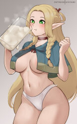  1girl areola_slip blonde_hair blue_capelet braid breasts capelet commentary cum cum_in_container cum_in_cup cup dungeon_meshi elf english_commentary french_braid gokkun green_eyes highres hioyami holding holding_cup large_breasts long_hair marcille_donato navel panties parted_bangs patreon_username pointy_ears solo twin_braids underwear white_panties  rating:Explicit score:94 user:danbooru