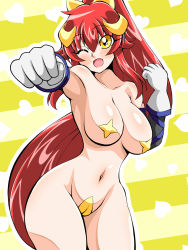  1girl bare_shoulders blush breasts cameltoe covered_erect_nipples detached_sleeves gloves hair_ribbon heart heart_background highres inabakun00 kotori_(inaba) large_breasts long_hair looking_at_viewer maebari navel one_eye_closed open_mouth orange_eyes original pasties ponytail red_hair ribbon smile solo standing striped striped_background wink 