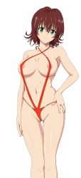  1girl absurdres areola_slip breasts brown_hair contrapposto gluteal_fold green_eyes hand_on_own_hip highres large_breasts light_smile looking_at_viewer mikado_ryouko nipples partially_visible_vulva revealing_clothes school_nurse short_hair solo swimsuit third-party_edit to_love-ru transparent_background uncensored  rating:Explicit score:42 user:fcz64