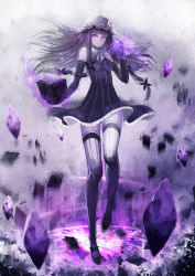 1girl absurdres adapted_costume alternate_costume bare_shoulders book bow crescent crystal dress female_focus hair_bow hat highres long_hair magic magic_circle patchouli_knowledge purple_eyes purple_hair sola7764 solo thighhighs touhou zettai_ryouiki rating:Sensitive score:22 user:danbooru