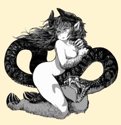  1girl animal_ears animal_feet animal_hands breasts chimera completely_nude floating_hair full_body greyscale_with_colored_background hands_up highres horns long_hair long_tail medium_breasts monster_girl nude nue oratnir_aka_9 original parted_lips pointy_ears simple_background snake_head_tail solo tail yellow_background 