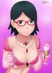 1girl absurdres black_eyes black_hair blush boruto:_naruto_next_generations breasts cinnamon_stick cleavage collarbone feeding food glasses gloves highres holding ice_cream jewelry looking_at_viewer medium_breasts midriff naruto naruto_(series) necklace pink_gloves pink_shirt purple_background shirt short_hair short_sleeves smile solo spoon standing sundae uchiha_sarada upper_body zel-sama rating:Sensitive score:113 user:cpee