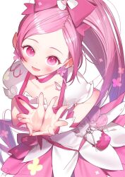  1girl blush bow choker cure_blossom dress from_above hair_bow hanasaki_tsubomi heartcatch_precure! highres long_hair looking_at_viewer magical_girl open_mouth own_hands_together pink_choker pink_eyes pink_hair ponytail precure ryota_(ry_o_ta) simple_background smile solo white_background 