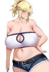  1girl arind_yudha bandeau bare_shoulders belt blonde_hair blue_shorts blush braid breasts cleavage cutoffs denim denim_shorts fate/apocrypha fate/grand_order fate_(series) french_braid green_eyes highres huge_breasts long_hair looking_at_viewer mordred_(fate) mordred_(fate/apocrypha) mordred_(memories_at_trifas)_(fate) navel parted_bangs ponytail short_shorts shorts sidelocks solo thighs  rating:Sensitive score:14 user:danbooru