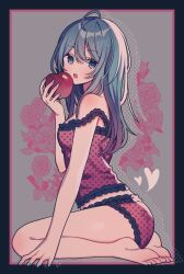  1girl :o ahoge amagi_hana barefoot blue_eyes blue_hair blue_nails blush border camisole commentary drop_shadow feet flower food from_side fruit full_body grey_background hair_between_eyes hatsune_miku highres holding holding_food holding_fruit looking_at_viewer midriff nail_polish open_mouth outside_border panties pink_border red_camisole red_flower red_panties red_rose romeo_to_cinderella_(vocaloid) rose shirt sidelocks simple_background sitting sleeveless sleeveless_shirt soles solo straight_hair strap_slip teeth toes underwear upper_teeth_only vocaloid wariza 