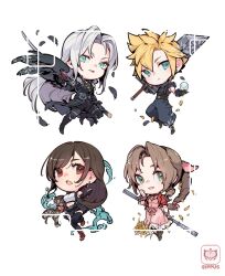  2boys 2girls aerith_gainsborough armor baggy_pants bangle black_coat black_feathers black_footwear black_gloves black_hair black_skirt black_thighhighs blonde_hair boots bracelet braid braided_ponytail breasts brown_footwear brown_hair buster_sword chibi clenched_hand cloud_strife coat commentary crop_top dress earrings feathered_wings feathers final_fantasy final_fantasy_vii final_fantasy_vii_rebirth final_fantasy_vii_remake fingerless_gloves flower full_body gloves green_eyes grey_hair hair_ribbon highres holding holding_staff holding_sword holding_weapon ippus jacket jewelry large_breasts long_hair looking_at_viewer low-tied_long_hair masamune_(ff7) materia midriff multiple_boys multiple_girls open_clothes open_jacket open_mouth pants parted_bangs parted_lips pink_dress pink_ribbon red_eyes red_footwear red_jacket ribbon sephiroth short_hair shoulder_armor single_earring single_wing skirt sleeveless sleeveless_turtleneck spiked_hair staff stud_earrings suspender_skirt suspenders sweater sword symbol-only_commentary tank_top thighhighs tifa_lockhart turtleneck turtleneck_sweater very_long_hair water weapon white_background white_tank_top wings yellow_flower 