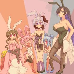  &gt;_&lt; 5girls a.i._voice ahoge animal_ear_hairband animal_ears backpack bag bandaged_arm bandages bare_shoulders black_choker black_gloves black_hair black_leotard black_pantyhose blue_eyes blue_hair blue_nails blush_stickers bow bowtie braid breasts brown_hair candy choker cigarette cleavage closed_mouth clothing_cutout collarbone covered_navel detached_sleeves double_bun earrings fake_animal_ears fake_tail fingerless_gloves flat_chest flower_(gynoid_talk) flower_(vocaloid) food food_in_mouth gloves green_footwear green_leotard gynoid_talk haiku_kit hair_between_eyes hair_bun hair_over_one_eye hairband hat height_difference highres huge_breasts jacket jewelry jitome juice_box leg_up leotard loli lollipop long_hair looking_at_viewer low_twintails meika_hime meika_mikoto multicolored_background multicolored_hair multiple_girls navel_cutout open_mouth pantyhose pink_eyes pink_footwear pink_hair pink_leotard playboy_bunny purple_eyes purple_hair purple_pantyhose rabbit_tail randoseru red_bag red_bow red_bowtie red_footwear red_pantyhose sidelocks sleeves_past_fingers sleeves_past_wrists small_breasts smoke smoking standing streaked_hair striped_arm_warmers stuffed_animal stuffed_rabbit stuffed_toy tail thigh_strap tsukuyomi_ai twintails two-tone_hair unworn_hat unworn_headwear unworn_jacket vocaloid voiceroid white_hair white_jacket white_leotard yogatari_tobari 