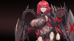  1girl absurdres ahoge alt3r armor armored_boots armored_leotard armpit_crease black_armor bodystocking boobplate boots breastplate breasts cleavage commentary covered_navel cowboy_shot english_commentary gauntlets goddess_of_victory:_nikke grin hair_between_eyes highres huge_breasts long_hair mechanical_tail nihilister_(nikke) pelvic_curtain red_eyes red_hair rigging see-through see-through_cleavage sidelocks smile solo standing tail teeth torn_bodystocking torn_clothes  rating:Sensitive score:22 user:danbooru