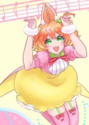 1girl animal_ears anno_(bambi1103no) blonde_hair breasts dress easter freyja_wion frills green_eyes hair_ornament happy_easter heart heart_hair_ornament highres looking_at_viewer macross macross_delta multicolored_hair open_mouth orange_hair rabbit_ears short_hair skirt small_breasts smile