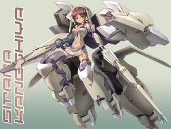  1girl alice_gear_aegis breasts brown_hair character_name cleavage closed_mouth collarbone commentary_request dark-skinned_female dark_skin full_body gloves green_eyes grey_background gun holding holding_gun holding_weapon kaneshiya_sitara kimizuka_aoi looking_at_viewer mecha_musume medium_breasts megami_device midriff navel parted_bangs partial_commentary pelvic_curtain sidelocks simple_background smile solo weapon 