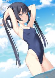 1girl :o alternate_costume armpits arms_behind_head arms_up bare_arms bare_shoulders black_hair blue_archive blue_one-piece_swimsuit blush braid braided_bun breasts butterfly_hair_ornament cameltoe collarbone commentary_request competition_school_swimsuit covered_erect_nipples covered_navel cowboy_shot double-parted_bangs double_bun from_side grey_eyes groin hair_bun hair_ornament halo hands_in_hair highleg highleg_swimsuit highres kisaki_(blue_archive) linea_alba long_hair looking_at_viewer one-piece_swimsuit paid_reward_available parted_lips presenting_armpit revision school_swimsuit shiny_skin simple_background skin_tight small_breasts solo standing straight_hair sweat swimsuit thighs variant_set very_long_hair white_background yamasan  rating:Sensitive score:48 user:danbooru