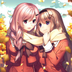  2girls :d arms_at_sides artist_name autumn bad_id bad_pixiv_id black_bow black_bowtie blurry bow bowtie braid breasts brown_hair closed_mouth cloud cousins cropped_jacket day depth_of_field dress eye_contact eyelashes falling_leaves female_focus ginkgo_tree glasses hair_ornament hair_over_shoulder hairband hairclip heads_together jacket kitajima_kaede kitajima_sara leaf light_particles long_hair long_sleeves looking_at_another looking_at_viewer medium_breasts multiple_girls open_clothes open_jacket open_mouth outdoors parted_lips pink_eyes pink_hair purple_eyes red_dress red_jacket rimless_eyewear rosuuri sailor_collar scarf shared_clothes shared_scarf sky small_breasts smile sono_hanabira_ni_kuchizuke_wo tree upper_body very_long_hair watermark web_address x_hair_ornament yuri  rating:Sensitive score:18 user:danbooru