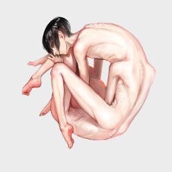 1boy barefoot black_hair bob_cut closed_mouth extra_legs feet fetal_position grey_background highres human_head lying male_focus metamon1996 monster_boy nude on_side original short_hair simple_background solo toes what
