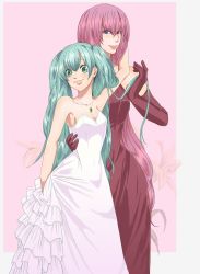 2girls aqua_eyes aqua_hair bad_id bad_pixiv_id bare_arms bare_shoulders blue_eyes couple dress elbow_gloves female_focus floral_background flower formal gloves hatsune_miku height_difference highres holding_hands hug hug_from_behind jewelry lily_(flower) lips lipstick long_hair makeup megurine_luka mochi931 multiple_girls neck necklace pink_hair red_dress smile standing strapless strapless_dress twintails very_long_hair vocaloid white_dress yuri rating:General score:11 user:danbooru