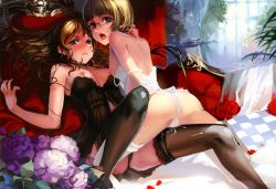  2girls absurdres alphonse_(white_datura) ass bare_shoulders baroque_(sound_horizon) black_panties blonde_hair blue_eyes blush breasts cameltoe couch covered_erect_nipples elysion flower from_behind frottage girl_on_top glasses grinding highres hydrangea legs lingerie lips loli long_legs looking_at_viewer looking_back medium_breasts multiple_girls nipples nose open_mouth panties petals plant pussy_juice saliva saliva_trail semi-rimless_eyewear skull smile sound_horizon thighhighs tongue under-rim_eyewear underwear white_panties yuri  rating:Explicit score:169 user:golden_clitty