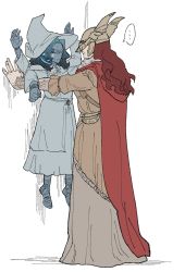 2girls armor barefoot blue_eyes blue_hair blue_skin boned-woo cape cloak closed_mouth colored_skin covered_eyes cracked_skin dress elden_ring extra_arms extra_faces family fur_cloak hat helmet highres holding how_to_talk_to_short_people_(meme) joints long_hair malenia_blade_of_miquella mechanical_arms meme multiple_girls one_eye_closed prosthesis prosthetic_arm prosthetic_leg ranni_the_witch red_cape red_hair siblings simple_background single_mechanical_arm sisters very_long_hair weapon white_headwear winged_helmet witch_hat  rating:General score:44 user:danbooru