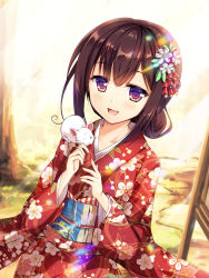 1girl animal animal_on_shoulder blurry blurry_background blush brown_eyes brown_hair commentary day depth_of_field diffraction_spikes dutch_angle floral_print hair_up happy_new_year japanese_clothes kimono light_rays long_hair looking_at_viewer mouse_(animal) mouse_on_shoulder new_year obi open_mouth original outdoors red_kimono ryoumoto_ken sash solo sunbeam sunlight upper_body