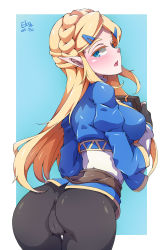 1girl ass blonde_hair blue_eyes blush breasts cameltoe falco_arrow fingerless_gloves from_behind gloves hair_ornament hairclip half_updo highres large_breasts long_hair looking_at_viewer nintendo open_mouth pants princess_zelda shiny_clothes shirt sideboob solo the_legend_of_zelda the_legend_of_zelda:_breath_of_the_wild rating:Sensitive score:24 user:armorcrystal
