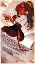1girl 2019 ass ass_focus bad_id bad_pixiv_id belt bespectacled black_hair black_pantyhose bracelet colored_skin commentary cosmetics demon_girl demon_tail earrings english_commentary eyebrows eyeshadow freckles from_behind from_below glasses hair_ornament hair_scrunchie heart highres horns jewelry lipstick lipstick_mark lipstick_tube long_hair looking_at_viewer looking_back makeup meruccubus_(merunyaa) merunyaa miniskirt mole mole_under_eye multicolored_eyes office_lady oni_horns original pantyhose pencil_skirt photocopier photocopying_self pinky_out pointy_ears ponytail red_eyes red_skin scrunchie seamed_legwear semi-rimless_eyewear signature sitting skirt solo spoken_heart tail under-rim_eyewear yellow_eyes rating:Questionable score:218 user:danbooru