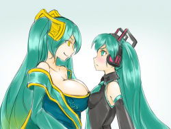 2girls aqua_hair asymmetrical_docking breast_envy breast_press breasts cleavage crossover detached_sleeves faceoff hatsune_miku headphones large_breasts league_of_legends long_hair look-alike lowres multiple_girls sleeveless small_breasts smile sona_(league_of_legends) teatime_(mike) twintails very_long_hair vocaloid rating:Sensitive score:67 user:danbooru