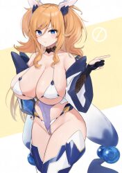  1girl :&lt; blonde_hair blue_eyes blue_leotard breasts covered_navel curvy hand_on_own_hip hata-tan highleg highleg_leotard huge_breasts large_breasts leotard long_hair looking_at_viewer onizaki_kirara revealing_clothes shiny_skin simple_background solo taimanin_(series) taimanin_rpgx taimanin_suit thong_leotard twintails very_long_hair wide_hips 