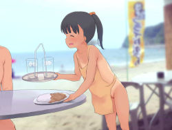 1boy 1girl age_difference anyannko apron beach black_hair blush censored cleft_of_venus closed_eyes copyright_request flat_chest food glass hair_bobbles hair_ornament loli naked_apron nude outdoors plate ponytail public_indecency public_nudity pussy table tan tanline tray waitress rating:Explicit score:286 user:huzzaman