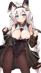  1girl ahoge animal_ears armpit_crease bare_shoulders black_jacket black_leotard black_necktie black_pantyhose blue_eyes blush braid breasts cameltoe cleavage closed_mouth collared_shirt contrapposto covered_navel cowboy_shot efe fake_animal_ears frown highleg highleg_leotard highres jacket kizuna_akari large_breasts legs_apart leotard long_hair long_sleeves looking_at_viewer low_twin_braids necktie off_shoulder open_clothes open_jacket pantyhose playboy_bunny rabbit_ears ribbed_shirt shirt simple_background sleeveless sleeveless_shirt sleeves_past_wrists solo strapless strapless_leotard twin_braids very_long_hair voiceroid white_background white_hair white_shirt 