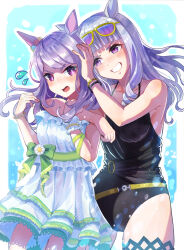  2girls 3_reversible animal_ears bare_shoulders black_one-piece_swimsuit blunt_bangs breasts casual_one-piece_swimsuit cleavage commentary_request cowboy_shot cup dress drinking_glass ear_flower eyewear_on_head gold_ship_(run_revolt_launcher)_(umamusume) gold_ship_(umamusume) grey_hair highres holding holding_cup horse_ears horse_girl horse_tail long_hair looking_at_viewer mejiro_mcqueen_(ripple_fairlady)_(umamusume) mejiro_mcqueen_(umamusume) multiple_girls official_alternate_costume one-piece_swimsuit purple_eyes purple_hair see-through see-through_dress smile sunglasses swept_bangs swimsuit tail umamusume 