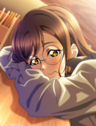  1girl absurdres artist_name artist_request blush bow bowtie breasts brown_eyes brown_hair buttons cardigan closed_mouth collarbone elbow_on_table eyebrows female_focus glasses grey_sailor_collar hair_between_eyes hair_in_own_mouth highres isami_jun kunikida_hanamaru light_brown_hair long_hair long_sleeves looking_at_viewer love_live! love_live!_sunshine!! orange_bow parted_lips round_eyewear sailor_collar school_uniform skirt sleeves_past_wrists smile solo sweater table upper_body uranohoshi_school_uniform vest yellow_cardigan yellow_eyes yellow_sweater 