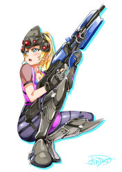  1girl absurdres ayase_eli blonde_hair cosplay crossover gloves gun highres jindai3663 love_live! love_live!_school_idol_project overwatch overwatch_1 rifle sniper_rifle squatting visor weapon widowmaker_(overwatch) widowmaker_(overwatch)_(cosplay) 