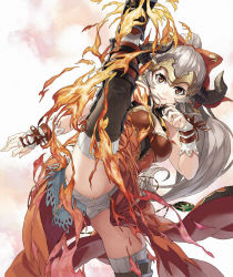 1girl aliza_(granblue_fantasy) bow breasts brown_eyes draph fire granblue_fantasy hair_bow high_ponytail highres horns leg_up long_hair looking_at_viewer luna_(reclaimed_land) medium_breasts orange_bow panties pantyshot red_ribbon ribbon shin_guards silver_hair smile solo spread_legs standing standing_on_one_leg striped_clothes striped_thighhighs thighhighs underwear vertical-striped_clothes vertical-striped_thighhighs very_long_hair white_background white_panties white_thighhighs wrist_cuffs