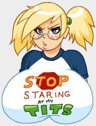 angry baseball_shirt blonde_hair blue_eyes blush breasts embarrassed english glasses hair_tie huge_breasts impossible_clothes impossible_shirt shirt woot rating:Explicit score:35 user:Furio