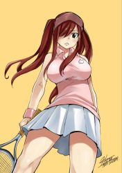 1girl bare_shoulders black_eyes blush breasts erza_scarlet fairy_tail female_focus hair_over_one_eye large_breasts looking_at_viewer mashima_hiro official_art parted_lips red_hair simple_background solo tennis yellow_background rating:Sensitive score:52 user:Dekken