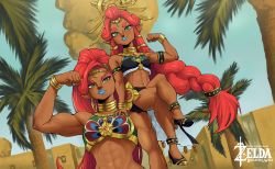  2girls abs absurdres armlet armor blue_lips bracelet braid breastplate breasts crossed_legs dark-skinned_female dark_skin earrings echo_saber eyebrows flexing gerudo green_eyes headdress height_difference high_heels highres hoop_earrings jewelry long_hair long_nose midriff multiple_girls muscular muscular_female neck_ring nintendo pointy_ears pointy_nose red_hair riju single_braid sitting_on_shoulder size_difference the_legend_of_zelda the_legend_of_zelda:_breath_of_the_wild thick_eyebrows thighs time_paradox toned urbosa very_long_hair  rating:Sensitive score:190 user:animeboy12