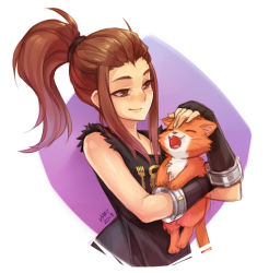  1girl 2018 animal artist_name bare_shoulders black_gloves black_shirt breasts brigitte_(overwatch) brown_eyes brown_hair cat closed_eyes closed_mouth commentary dated fangs fingerless_gloves freckles gloves hair_ornament hair_tie half-closed_eyes hand_on_another&#039;s_head headpat lips long_hair open_mouth overwatch overwatch_1 ponytail shirt sidelocks sleeveless sleeveless_shirt small_breasts smile solo upper_body vmat  rating:Sensitive score:24 user:danbooru