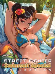  1girl armpits arms_behind_head ball beach bikini black_hair blue_bikini breasts brown_eyes brown_hair capcom character_doll chun-li cleavage curvy double_bun hair_bun highres large_breasts legs looking_at_viewer lying makeup navel ocean official_art red_lips reiq seductive_smile smile solo street_fighter stuffed_toy swimsuit tan tanline thick_thighs thighs thong_bikini toned udon_entertainment underboob volleyball_(object) water  rating:Sensitive score:32 user:spk