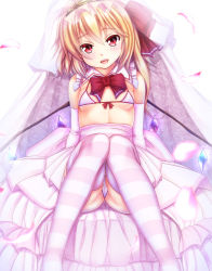 1girl bare_shoulders blonde_hair blush bra breasts bridal_veil cameltoe covered_erect_nipples detached_collar ebi_193 elbow_gloves fang flandre_scarlet gloves loli long_hair looking_at_viewer open_mouth panties petals red_eyes side_ponytail sitting small_breasts smile solo striped_clothes striped_thighhighs thighhighs touhou underwear veil white_gloves rating:Questionable score:43 user:danbooru