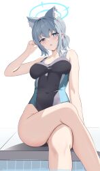  1girl absurdres animal_ear_fluff animal_ears bare_arms black_one-piece_swimsuit blue_archive blue_eyes blush breasts collarbone commentary_request competition_swimsuit covered_navel crossed_legs extra_ears grey_hair hair_between_eyes halo highres looking_at_viewer medium_breasts multiple_views official_alternate_costume one-piece_swimsuit open_mouth pharmarr poolside shiroko_(blue_archive) shiroko_(swimsuit)_(blue_archive) sidelocks simple_background sitting solo swimsuit thighs white_background wolf_ears 