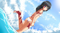 1girl :d absurdres bare_shoulders beach bikini black_hair blue_eyes blush breasts burn_scar chi_xiao covered_erect_nipples dorei_to_no_seikatsu_~teaching_feeling~ highres long_hair looking_at_viewer open_mouth scar small_breasts smile solo standing stomach string_bikini swimsuit sylvie_(dorei_to_no_seikatsu) white_bikini rating:Questionable score:14 user:danbooru