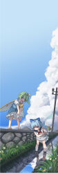  4girls absurdres antennae aqua_hair arm_up black_sailor_collar blonde_hair blue_bow blue_eyes blue_hair blush bow butterfly_wings cirno closed_eyes cloud cloudy_sky collared_shirt daiyousei day detached_wings dress eternity_larva fairy fairy_wings green_dress green_eyes green_hair hair_bow hat highres ice ice_wings incredibly_absurdres insect_wings lily_white long_hair multicolored_clothes multicolored_dress multiple_girls open_mouth outdoors puffy_short_sleeves puffy_sleeves rangque_(user_vjjs4748) river sailor_collar sailor_dress shirt short_hair short_sleeves side_ponytail sky sleeveless sleeveless_dress smile touhou water white_dress white_hat white_shirt wings 