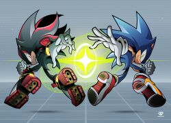 2boys absurdres black_hair commentary english_commentary full_body furry gloves glowing green_eyes grey_background hedgehog_boy highres james_diato looking_at_viewer male_focus multiple_boys no_humans red_eyes sega shadow_the_hedgehog shoes simple_background smile sonic_(series) sonic_the_hedgehog spiked_hair standing
