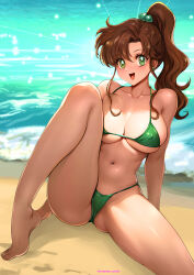  1girl arm_support artist_name bare_shoulders barefoot beach bikini bishoujo_senshi_sailor_moon breasts brown_hair cleavage collarbone commentary_request covered_erect_nipples day earrings female_focus green_bikini green_eyes hair_bobbles hair_ornament high_ponytail highres jewelry kino_makoto knee_up large_breasts long_hair looking_at_viewer navel ocean open_mouth outdoors oyaman sand signature simple_background sitting skindentation smile solo stomach swimsuit thighs toes twitter_username underboob water  rating:Sensitive score:89 user:danbooru
